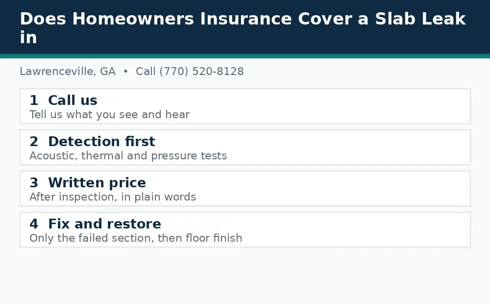 Diagram: how a slab leak call works in Lawrenceville, GA, from call to detection to written price to fix and restore