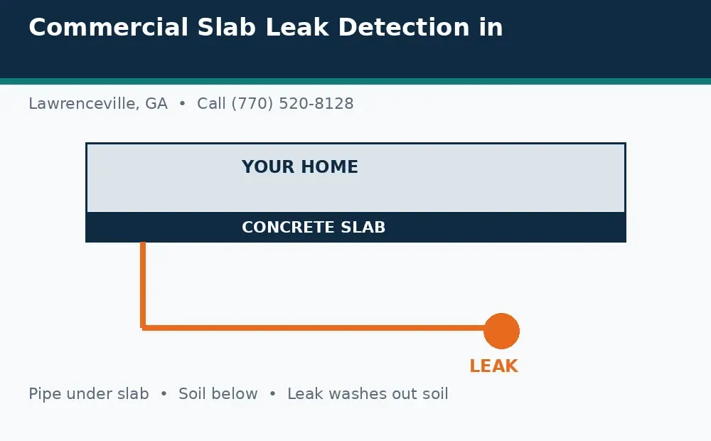 Diagram: a house on a concrete slab in Lawrenceville, GA, with a pipe under the slab and a leak washing out soil below