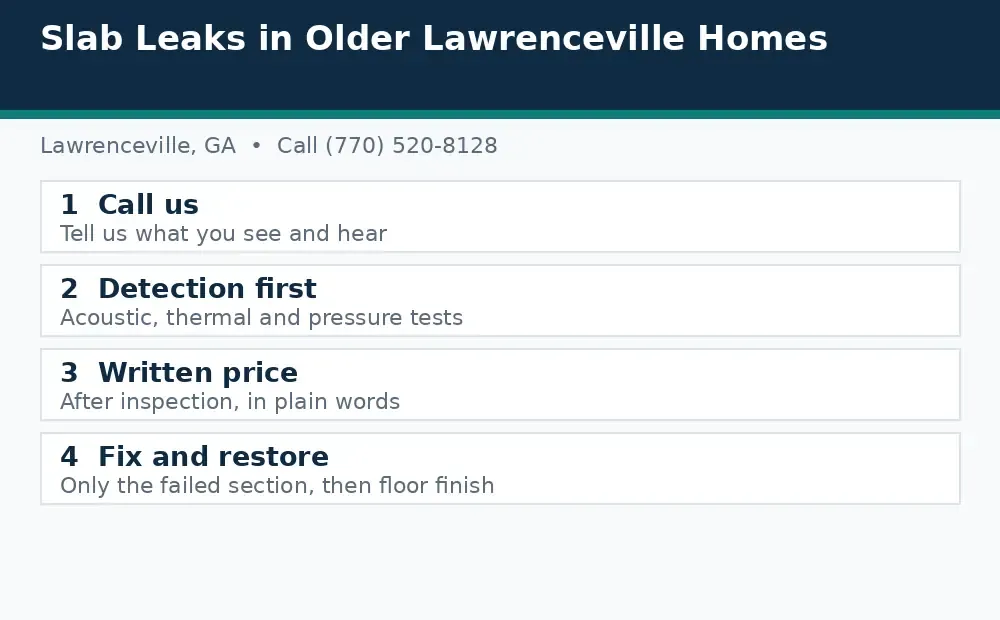 Diagram: how a slab leak call works in Lawrenceville, GA, from call to detection to written price to fix and restore