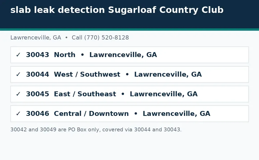 Diagram: Lawrenceville, GA service area ZIP codes covered, 30043, 30044, 30045, and 30046