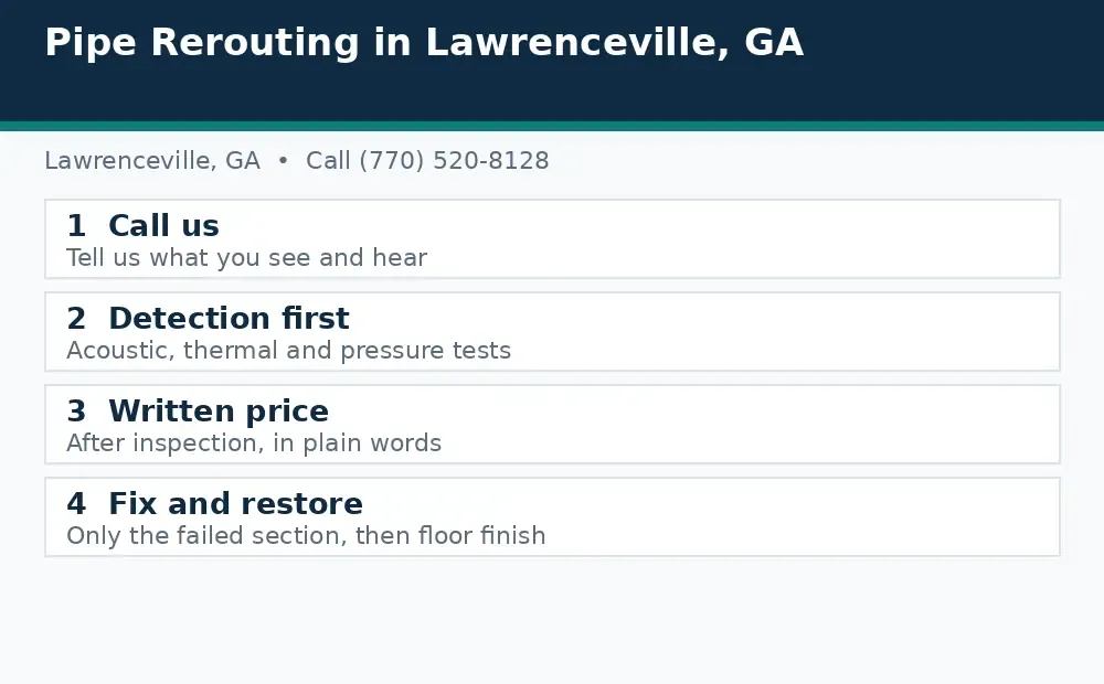 Diagram: how a slab leak call works in Lawrenceville, GA, from call to detection to written price to fix and restore