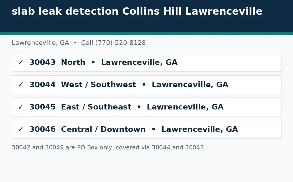 Diagram: Lawrenceville, GA service area ZIP codes covered, 30043, 30044, 30045, and 30046