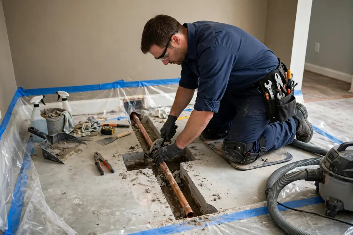 Plumber doing a spot repair on a slab leak, with a small neat cut in a concrete floor and an exposed pipe, in a home