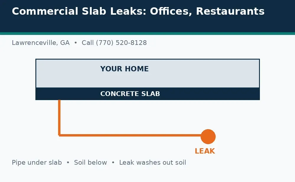 Diagram: a house on a concrete slab in Lawrenceville, GA, with a pipe under the slab and a leak washing out soil below