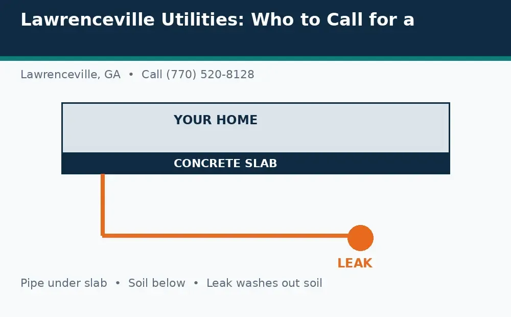 Diagram: a house on a concrete slab in Lawrenceville, GA, with a pipe under the slab and a leak washing out soil below