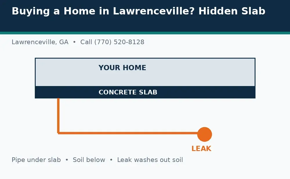 Diagram: a house on a concrete slab in Lawrenceville, GA, with a pipe under the slab and a leak washing out soil below