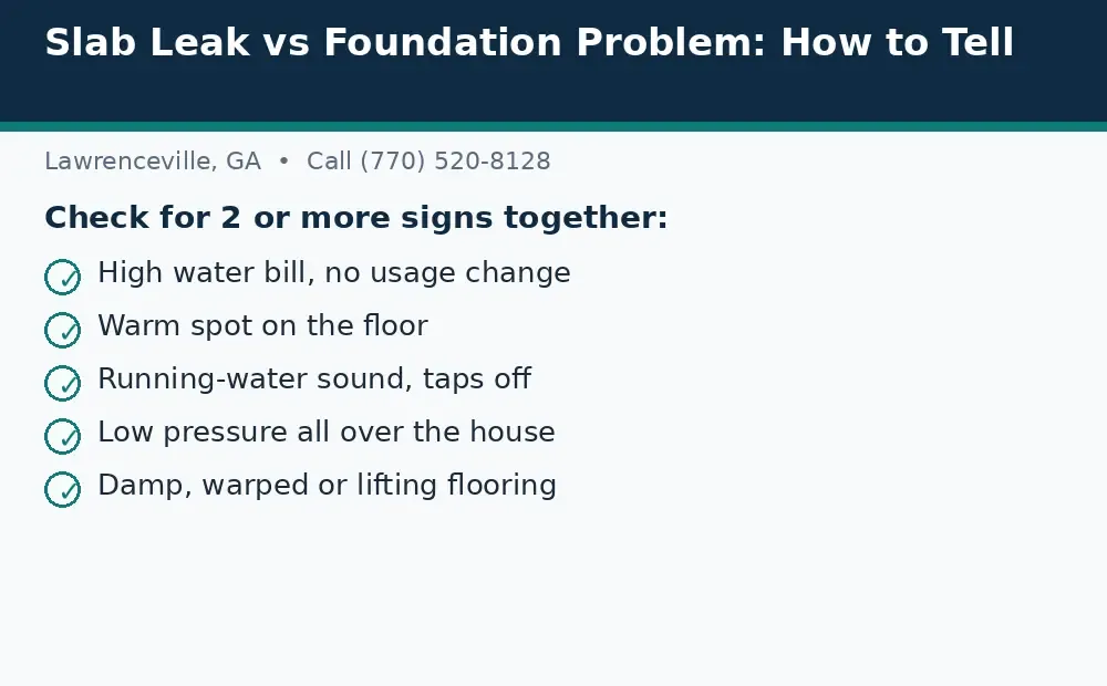 Diagram: signs to check for a slab leak in Lawrenceville, GA, including a bill spike, warm floor, running-water sound, low pressure, and damp flooring