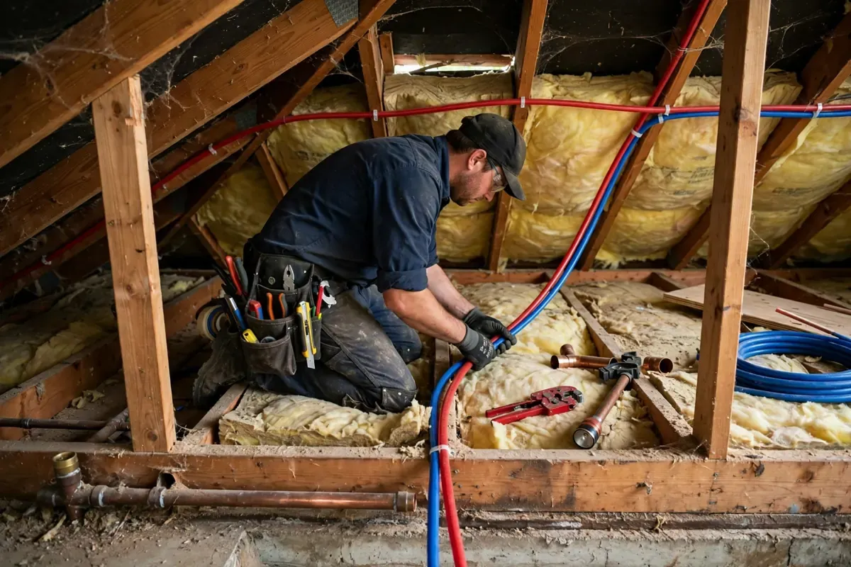Technician running new PEX pipe through an attic for a pipe reroute, bypassing a slab line