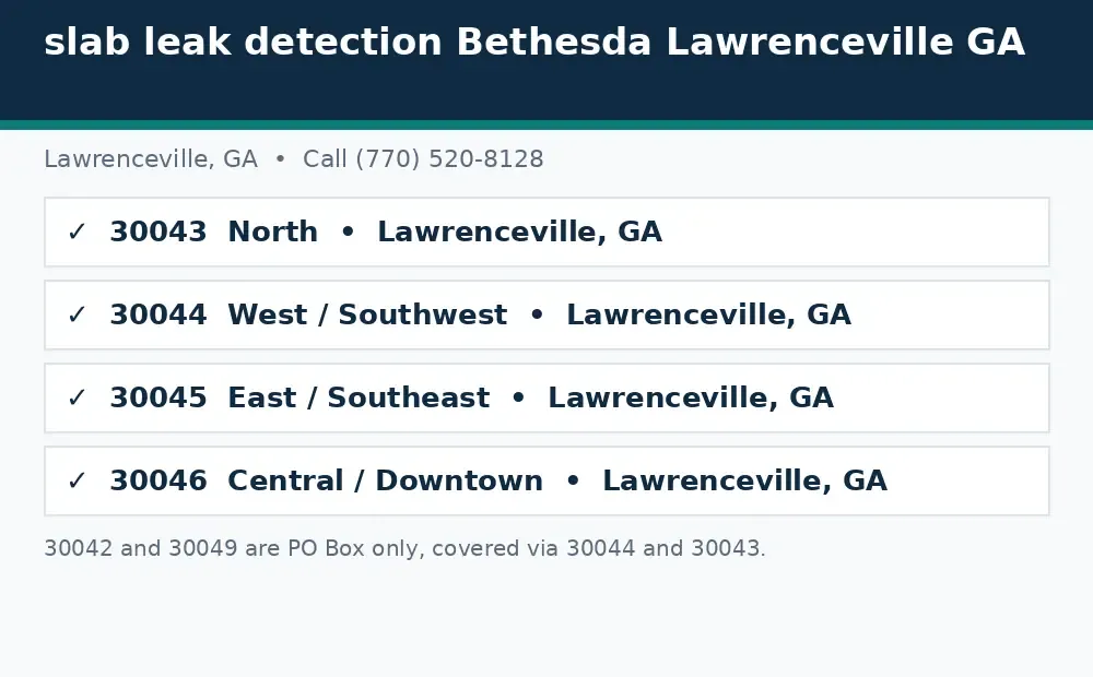 Diagram: Lawrenceville, GA service area ZIP codes covered, 30043, 30044, 30045, and 30046