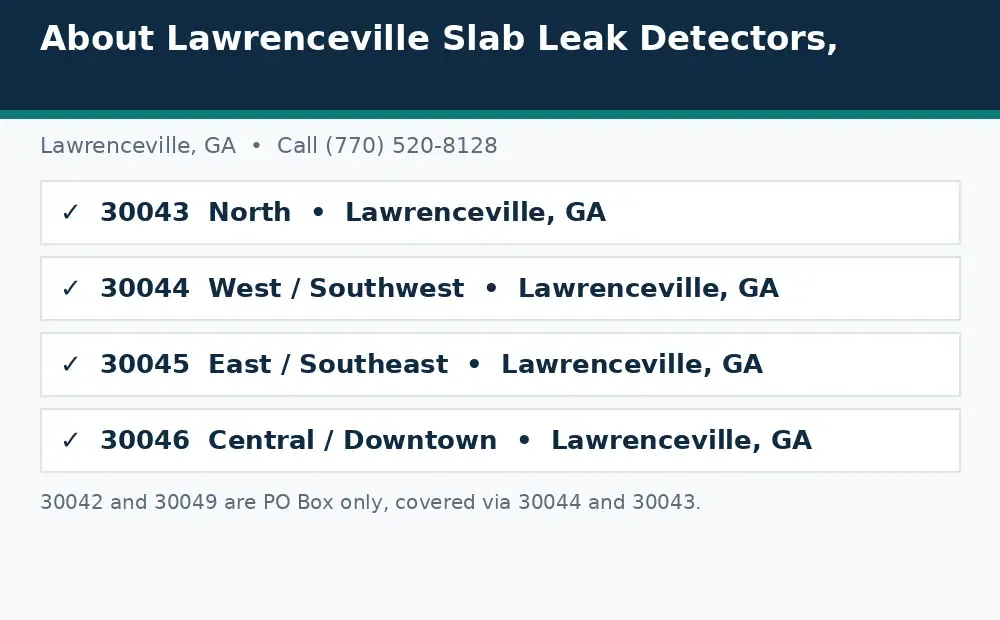 Diagram: Lawrenceville, GA service area ZIP codes covered, 30043, 30044, 30045, and 30046