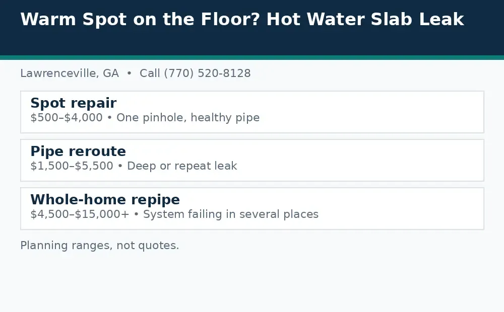 Diagram: slab leak repair options in Lawrenceville, GA, spot repair, pipe reroute, and whole-home repipe, with planning ranges