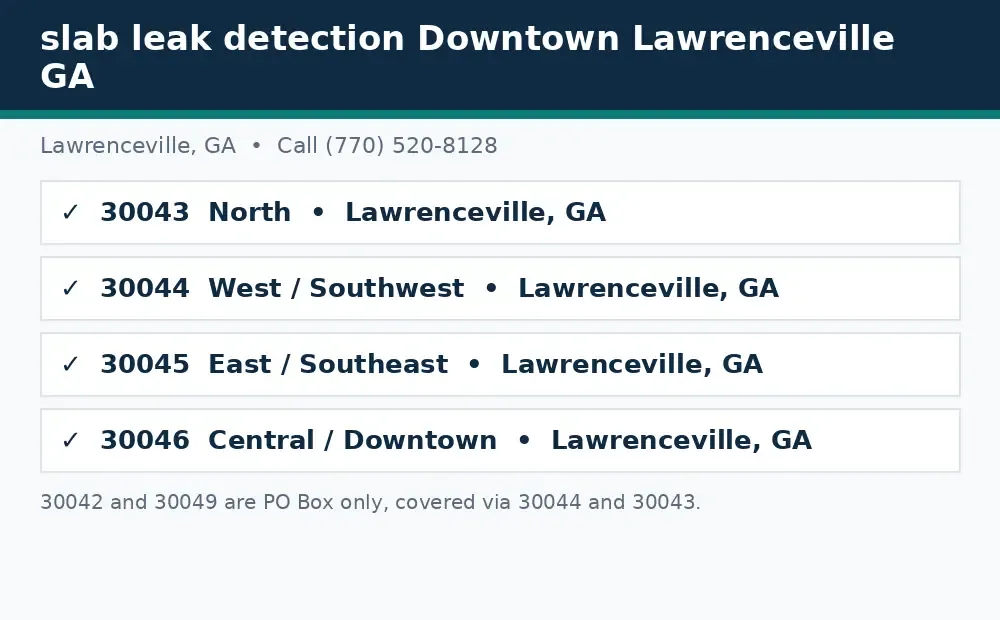 Diagram: Lawrenceville, GA service area ZIP codes covered, 30043, 30044, 30045, and 30046