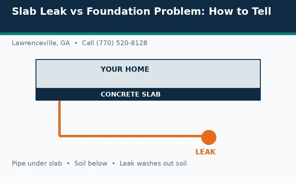 Diagram: a house on a concrete slab in Lawrenceville, GA, with a pipe under the slab and a leak washing out soil below