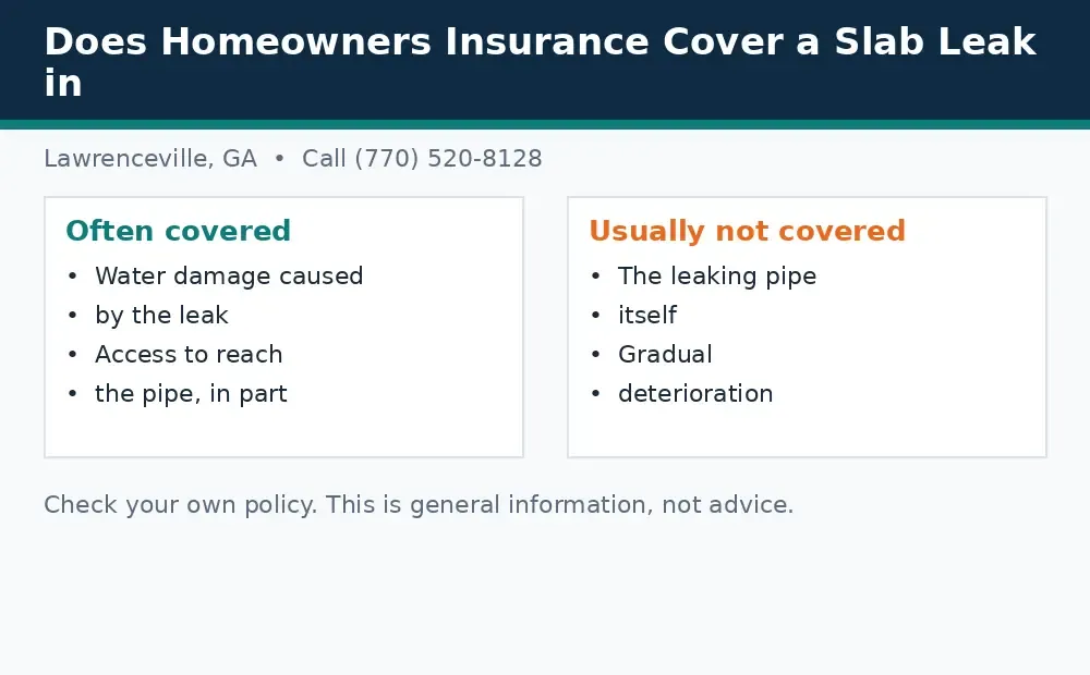 Diagram: what Georgia homeowners insurance usually covers for a slab leak, and what it usually does not cover