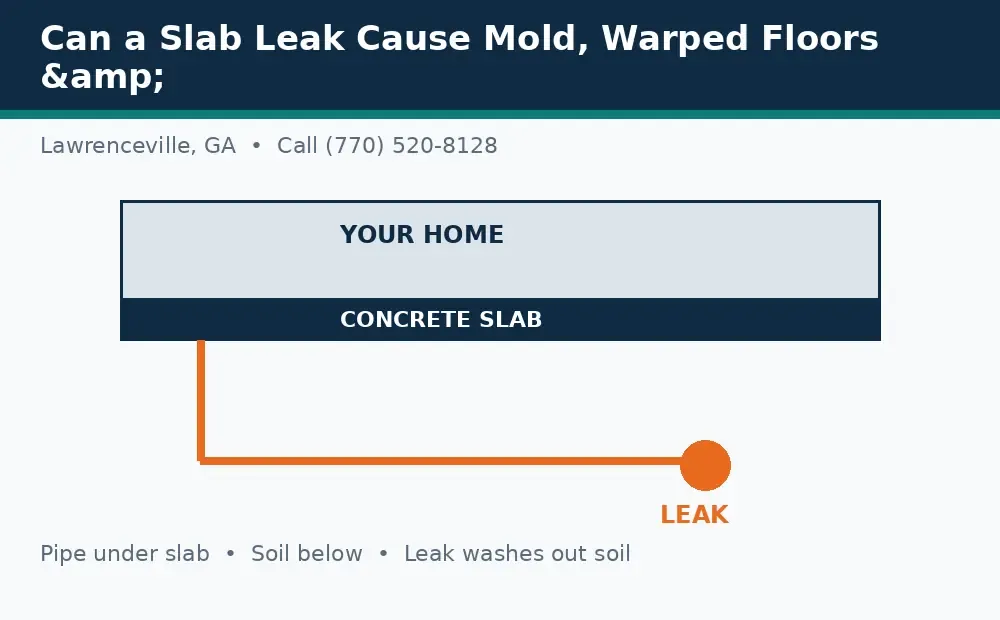Diagram: a house on a concrete slab in Lawrenceville, GA, with a pipe under the slab and a leak washing out soil below