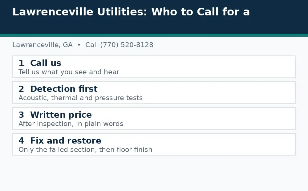 Diagram: how a slab leak call works in Lawrenceville, GA, from call to detection to written price to fix and restore