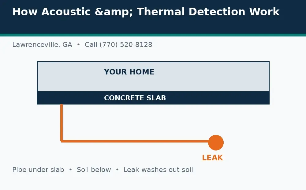 Diagram: a house on a concrete slab in Lawrenceville, GA, with a pipe under the slab and a leak washing out soil below