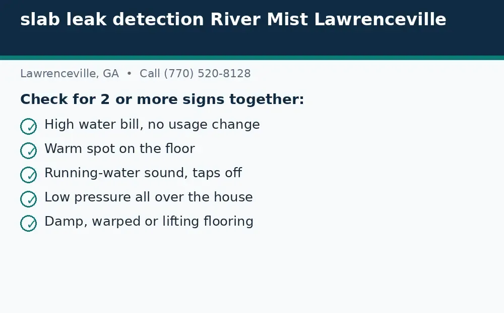Diagram: signs to check for a slab leak in Lawrenceville, GA, including a bill spike, warm floor, running-water sound, low pressure, and damp flooring