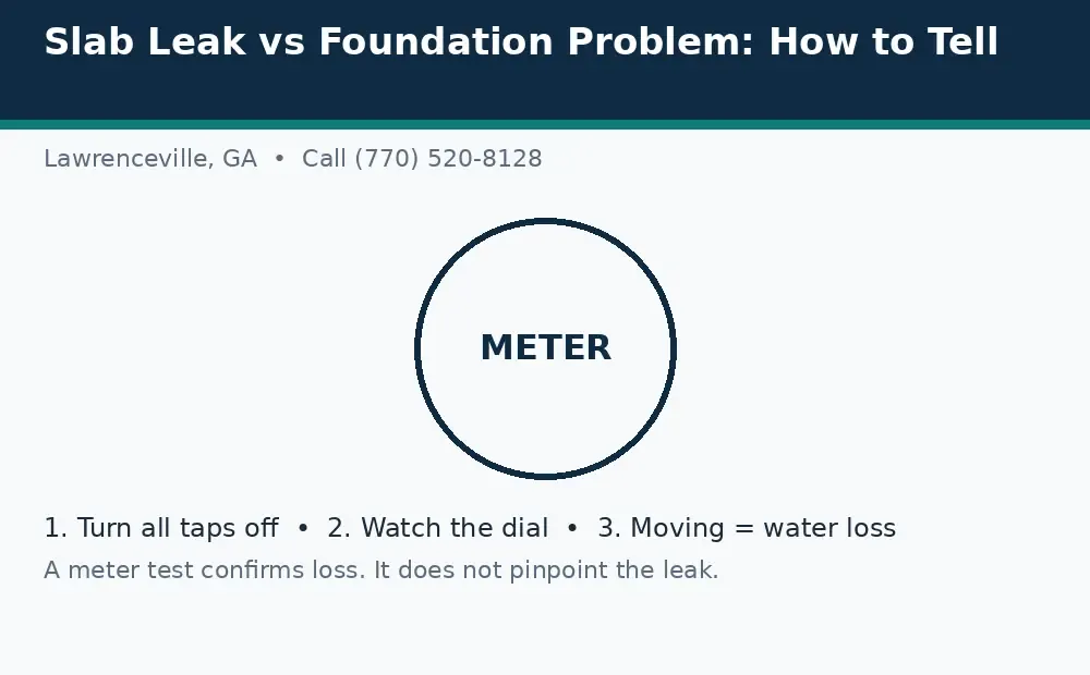 Diagram: a water meter leak test in Lawrenceville, GA, turn taps off, watch the dial, and a moving dial means water loss