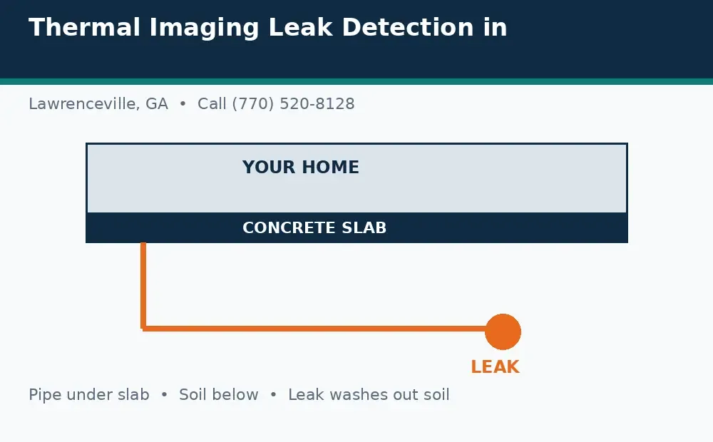 Diagram: a house on a concrete slab in Lawrenceville, GA, with a pipe under the slab and a leak washing out soil below