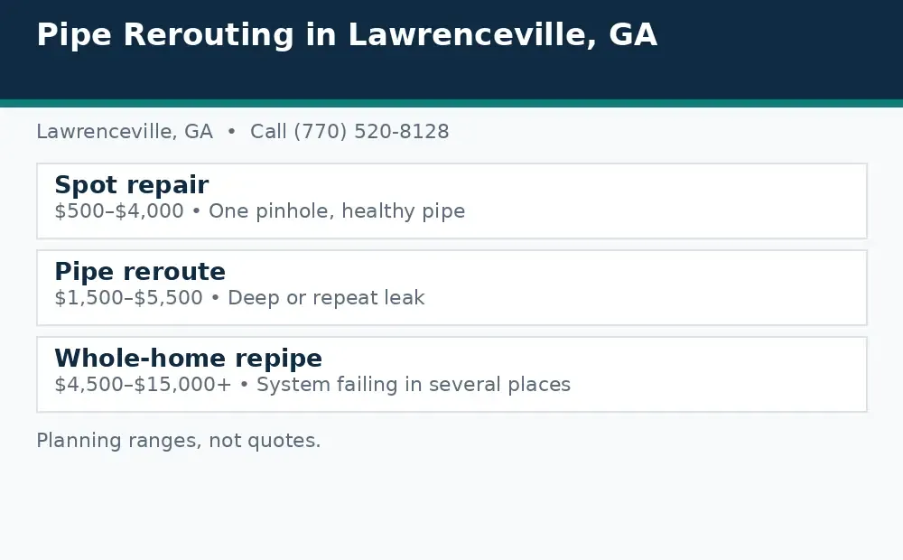 Diagram: slab leak repair options in Lawrenceville, GA, spot repair, pipe reroute, and whole-home repipe, with planning ranges
