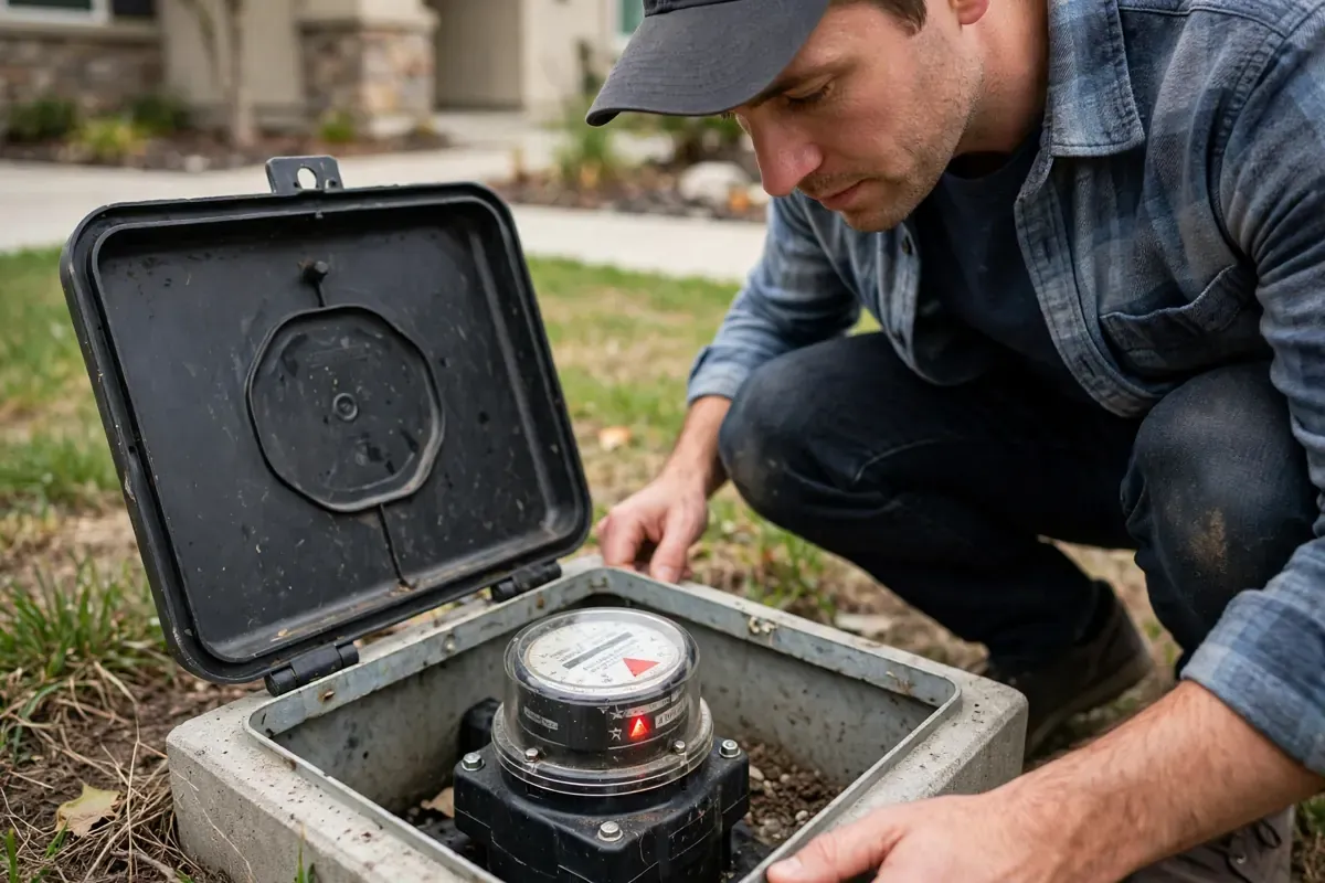 Homeowner checking an outdoor water meter dial for a water meter leak test in Lawrenceville, GA