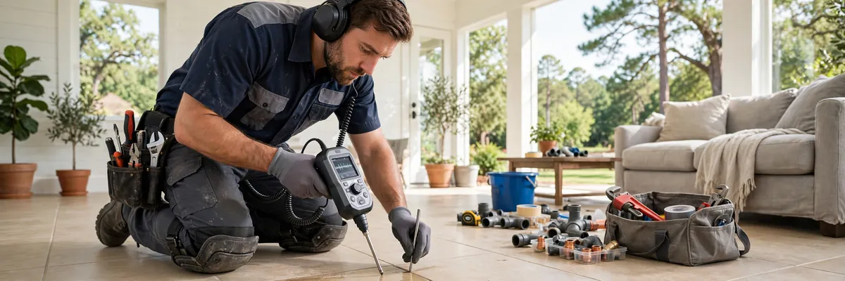 Plumber using acoustic listening equipment to find a slab leak under a tiled floor in a Lawrenceville, GA home