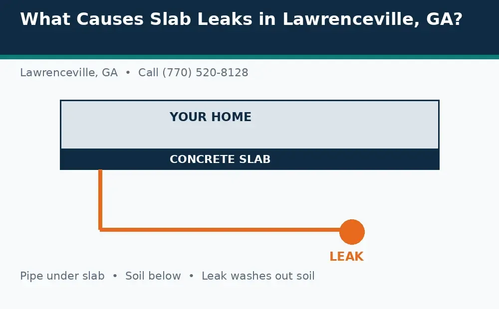 Diagram: a house on a concrete slab in Lawrenceville, GA, with a pipe under the slab and a leak washing out soil below