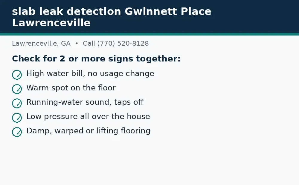 Diagram: signs to check for a slab leak in Lawrenceville, GA, including a bill spike, warm floor, running-water sound, low pressure, and damp flooring