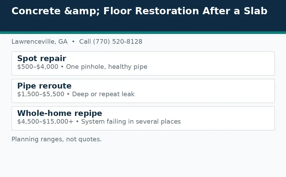 Diagram: slab leak repair options in Lawrenceville, GA, spot repair, pipe reroute, and whole-home repipe, with planning ranges