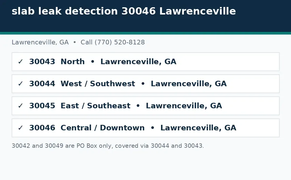 Diagram: Lawrenceville, GA service area ZIP codes covered, 30043, 30044, 30045, and 30046