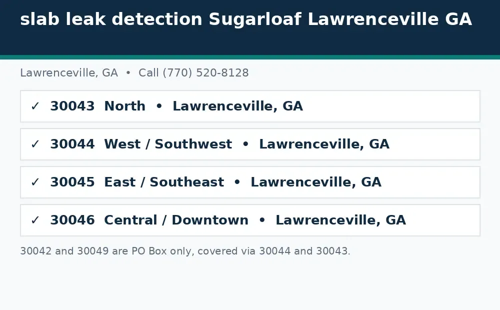 Diagram: Lawrenceville, GA service area ZIP codes covered, 30043, 30044, 30045, and 30046