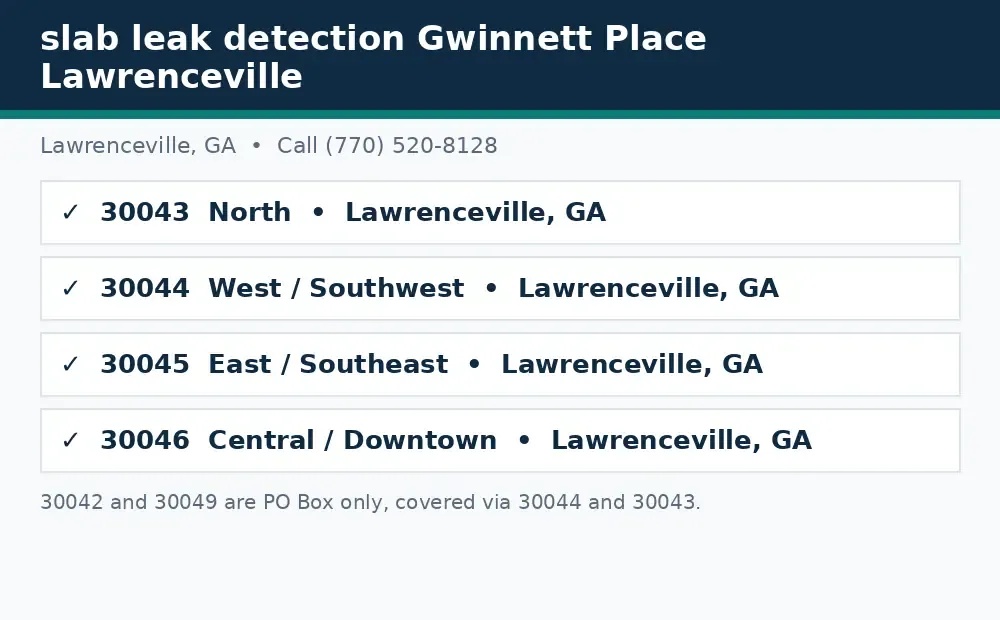 Diagram: Lawrenceville, GA service area ZIP codes covered, 30043, 30044, 30045, and 30046