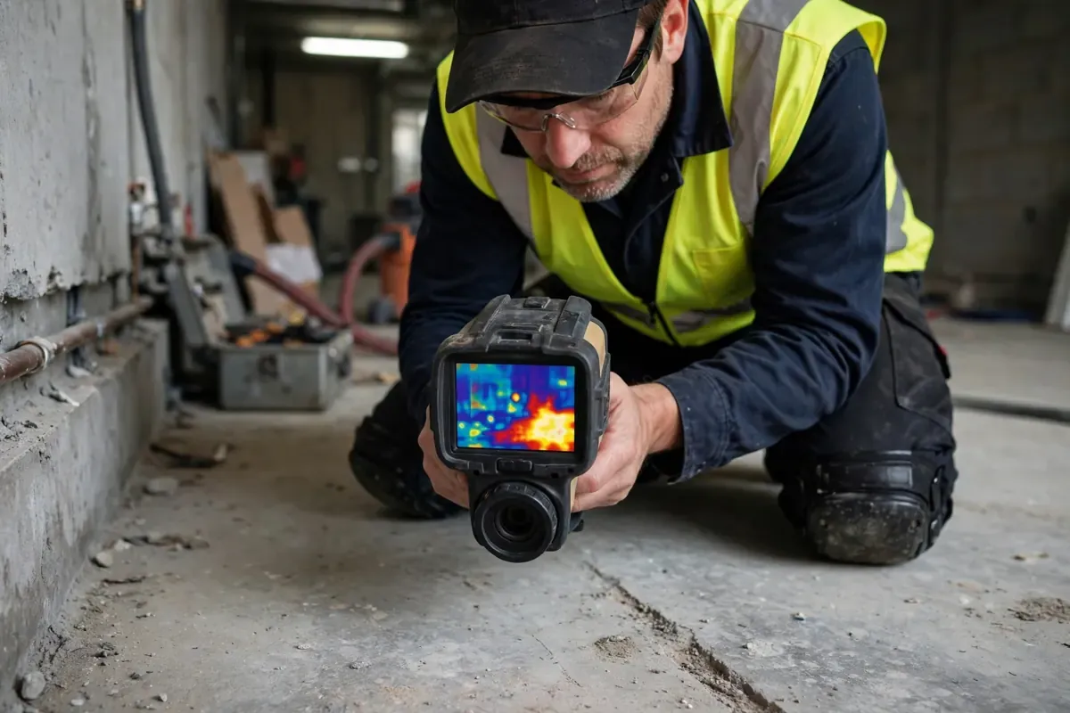 Technician holding a thermal imaging camera scanning a concrete floor for a slab leak in Lawrenceville, GA