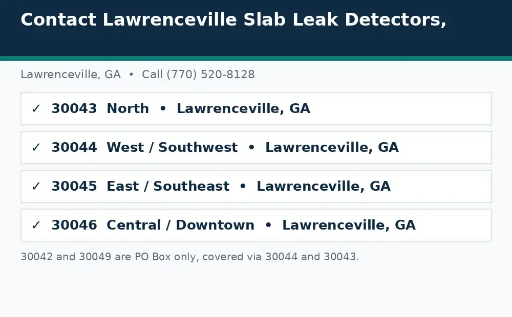Diagram: Lawrenceville, GA service area ZIP codes covered, 30043, 30044, 30045, and 30046